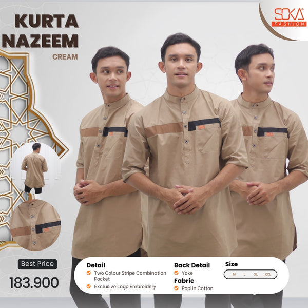 Koko Kurta Dewasa Nazeem | Baju Koko Kurta Lengan 3/4 Cream – Fashion Muslim Pria