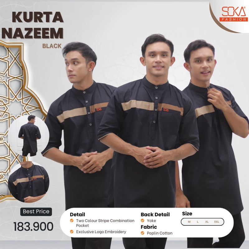 Koko Kurta Dewasa Nazeem | Baju Koko Kurta Lengan 3/4 Black – Fashion Muslim Pria