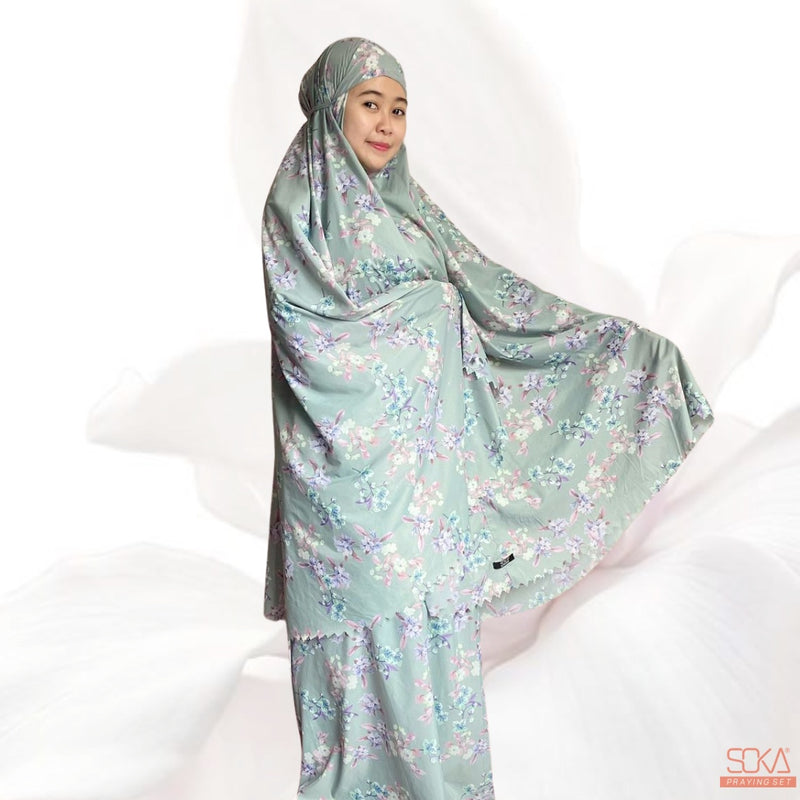 SOKA - Mukena Dewasa Travel Parasut Motif Premium Sora Sage - Fashion muslim