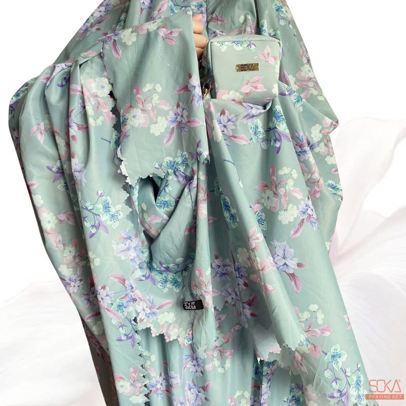 SOKA - Mukena Dewasa Travel Parasut Motif Premium Sora Sage - Fashion muslim